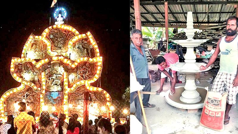 The Pandal drew large crowds to the site. {right} Pradeep Kumara (far right) and his friend W. Siripala (far left) making the cement based oil lamp for the opening of Vesak pandal