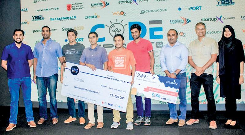 The winners - Plant Doc (Team Scorpion). From left: StartupX Foundry Program Manager Aloka Gunasekara, Director at Informatics International Limited, Hiran Wickramasinghe, Creately Co-Founder, CTO and Chief Architect Hiraash Thawfeek, members of the winning team, Principal at BOV Capital Kishan Nadarajah, and Frontier Research Founder/CEO Amal Sanderatne.  