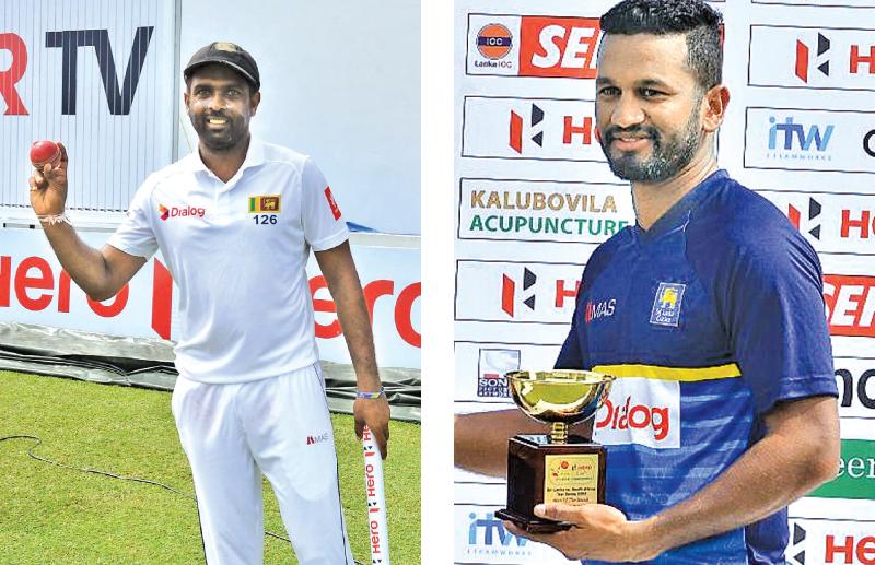Dilruwan Perera(left) shows the ball and at right Man of the Match Dimuth Karunaratne with his trophy Pix: Saman Mendis