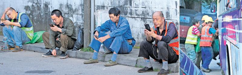 Chinese workers relaxing aftre their lunch near Shangri-La, Colombo  Pix: Sudam Gunasinghe