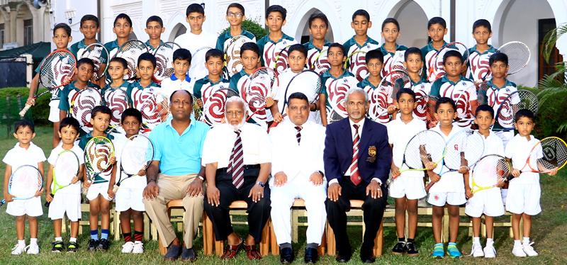 The Zahira Tennis Academy players: Front row standing from left: Ahamed Looth Zaneek, Thabish Mujeeb, Umar Miqdad Natheer, Yoosuf Ansary, Haroon Rishard, Nuhman Rizwan, Ahamed Yusuf Zaneek and Shakir Irshan. Front row seated from left: Ganendran Subramaniam (coach ), MSM Faiz (chairman Sports Committee ), Trizviiy Marikkar (principal) and Muhiseen Ariff (prefect of games). Middle row standing from left: MNM Zameer, MNM Nijad, KR Aabidurrahman, Ayman Irfan, Abdul Khaliq, Yusuf Farzan, Nazhan Noushad, Ammaar 