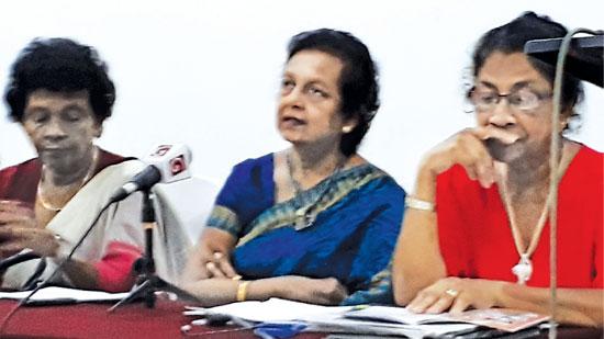 From Left: Jeewani Sugunadasa, General Secretary; Thilaka Perera, President and Swarna Premaratne, Project Committee Chairperson of Lanka Mahila Samiti at the media briefing