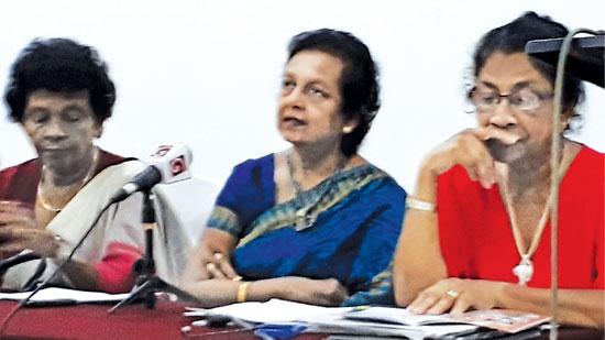 From Left:  Jeewani Sugunadasa, General Secretary; Thilaka Perera, President and Swarna Premaratne, Project Committee Chairperson of Lanka Mahila Samiti at the media briefing   