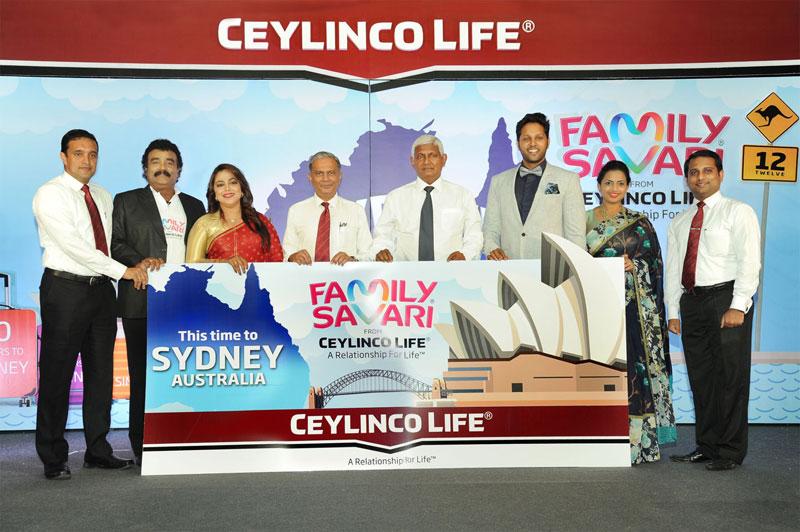 Ceylinco Life Managing Director R. Renganathan and Deputy CEO Thushara Ranasinghe (fourth and fifth from right) with the Family Savari Brand Ambassadors and the Company’s Senior DGM Marketing Samitha Hemachandra (extreme left) and Brand Manager Chamath Alwis  (extreme right) at the launch of Family Savari 12.  