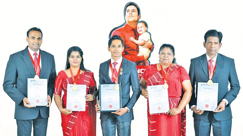 Ceylinco Life’s five winners in the top 10 (From left:) K. A. D. N. R. Pushpa, N. L. Fernando, S. K. A. S. Perera (overall winner), H. A. D. S. Nilanthi and S. A. S. Chandralal.  