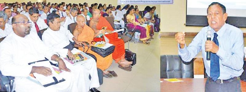 Director G. C. Mendis addressing the seminar. Executive Director Samantha  Liyanawaduge is also in the picture.   