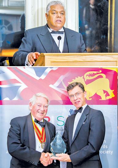 BRISLA Awards 2018 at Lord’s Cricket Ground. (Top): Altair Director Pradeep Moraes addressing the event and (below) Lord Naseby (left) receiving the award from British High Commissioner to Sri Lanka, James Dauris.
