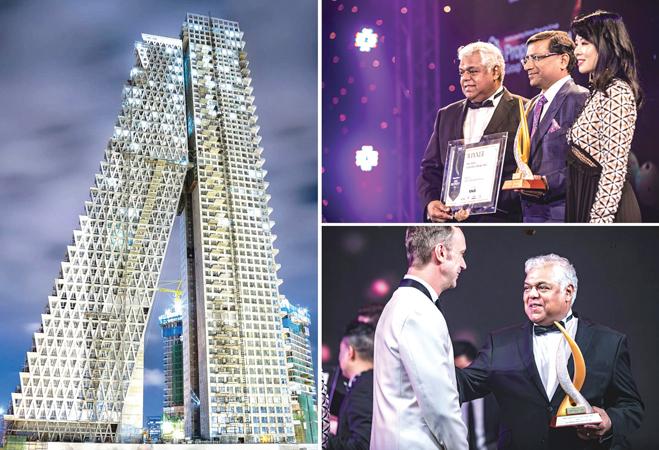The award-winning Altair twin tower and (top right) Altair Directors Jaideep Halwasiya and Pradeep Moraes receive the award from Lim Wenhui, Partner, SPARK Architects and Head Judge at the Asia Property Awards, Singapore; (bottom right) Altair Director Pradeep Moraes with Managing Director, Asia Property Awards and Property Report of PropertyGuru, Terry Blackburn.