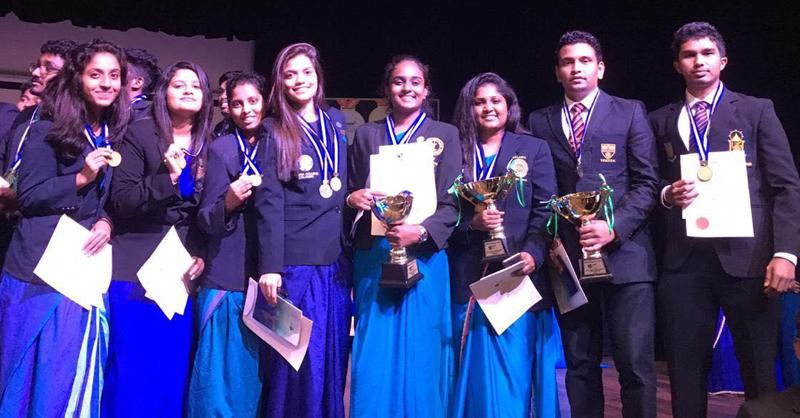 From left - Sachini Kavindi, Hiruni Weerakoon, Isuri Gunasinghe, Kisali  Mukadange, Samadhi Attanayake (girls team captain), Avindi de Silva, Kevin  Wijesundara (boys team captain) and Nirmana Athauda    