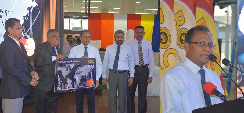 Bank of Ceylon CEO and General Manager Senarath Bandara hands over the ‘BOC – CH 17’ co-branded ‘Multi Currency Travel Card - MasterCard’ to Joint Apparel Association Forum Secretary General Tuli Cooray. Deputy General Manager International, Treasury and Investment, D.P.K. Gunasekera, Assistant General Manager International S. Sivanjan and Chanel 17 (Pvt) Ltd., CEO Jumar Preena look on.    
