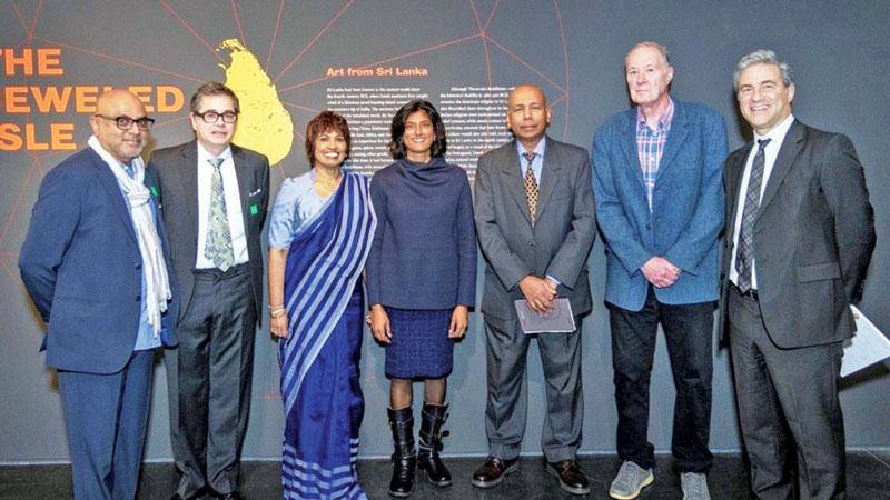 From left: Exhibition Designers Ravi Gunewardena and Frank Escher; Consul General Swarna Gunaratne; Curator Dr. Thushara Bindu Gude; Deputy Consul Asoka Godawita, Curator Dr. Robert L. Brown; and LACMA Director Michael Govan.   