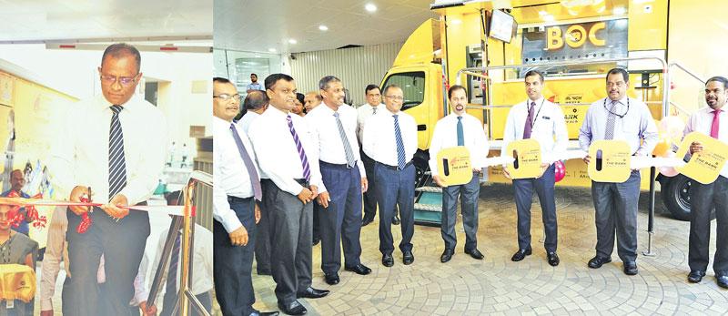 Left: Bank of Ceylon’s CEO and General Manager Senarath Bandara opens the ‘Branch on Wheel’ mobile vehicle.     Right: The Bank’s DGM Retail Banking Range 1 and Range 2 – D.M.L.B. Dassanayaka, DGM Product and Banking Development, M.J.P. Salgado, DGM Sales and Channel Management. C. Amarasinghe and CEO and General Manager Senarath Bandara with the Bank’s Assistant General Managers of the Provinces who received mobile branch vehicles.   