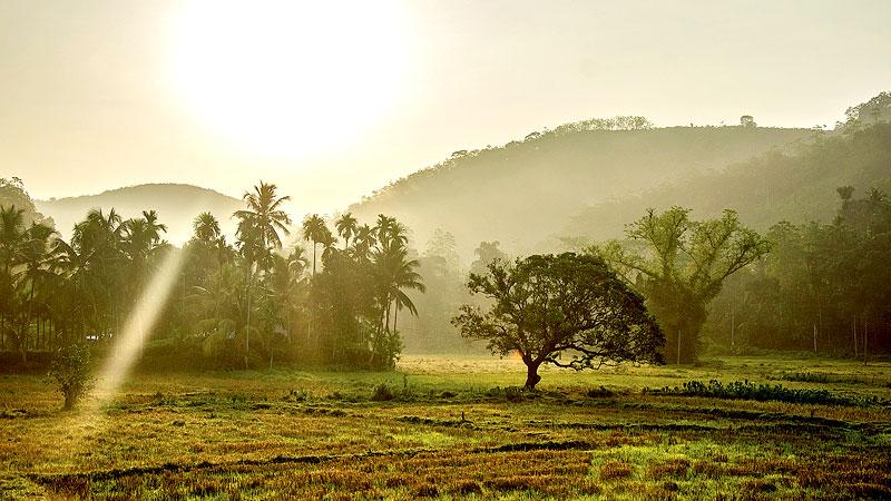 Rural rustic setting of Divalakada at dawn when the first rays of the sun touch the village