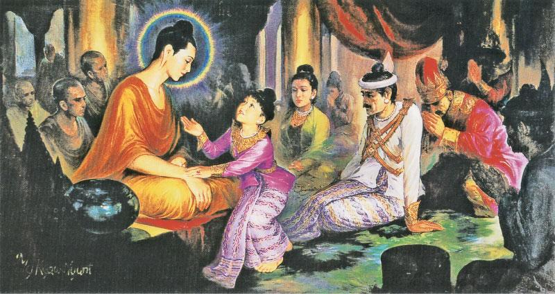 Young Prince Rahula prompted by his mother to ask for his inheritance, left behind by the Buddha after His renunciation