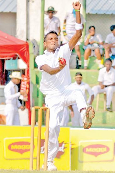 St. Sebastian’s College paceman Thashik bowls during the second innings as he plucked two wickets in his first two balls (Pic by Saman Mendis)