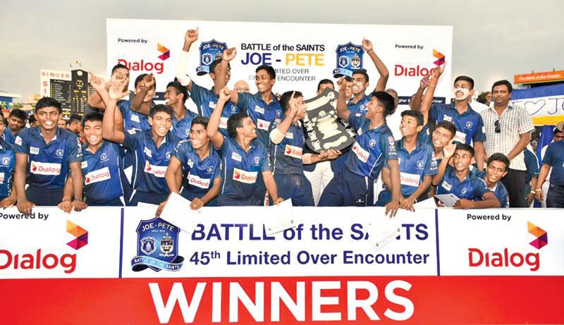 The triumphant cricketers of St. Joseph’s College Johanne de Zilva, Sheran Fonseka, Shevon Daniel, Dineth Jayakody, Dilesh Perera, Dunith Wellalage, Sachintha Ravindu, Lakshan Gamage, Ashen Daniel, Shalinda Seneviratne and Ashan de Alwis celebrate with the Fr. Peter Pillai Shield after beating St. Peter’s College in their Battle of the Saints One-Day match at the SSC ground yesterday   