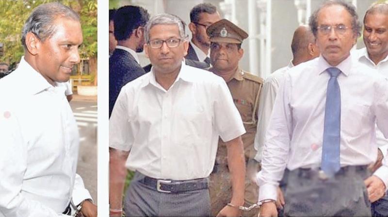 L-R: PTL directors Geoff Aloysius, Pushya Gunewardane and former Deputy Governor  of CBSL P. Samarasiri were arrested on Monday