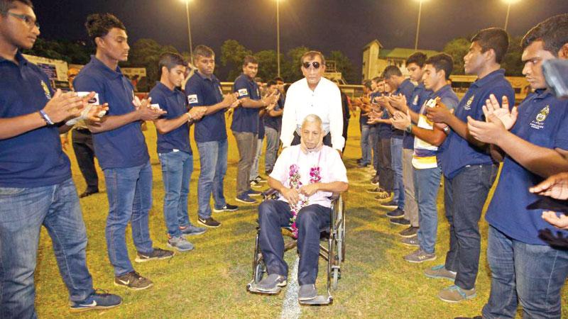 Members of St. Peter’s College rugby team afford Chandrishan a guard of honour assisted by his former club mate Tony Amit  
