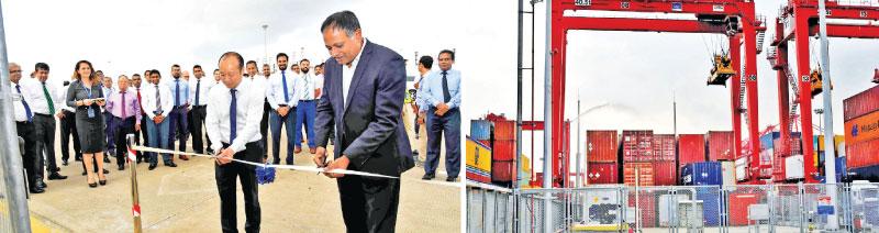 Sri Lanka Ports Authority Chairman Kavan Rathnayake (on right) and CICT CEO Jack Huang open CICT’s Dangerous Goods Storage Facility. 