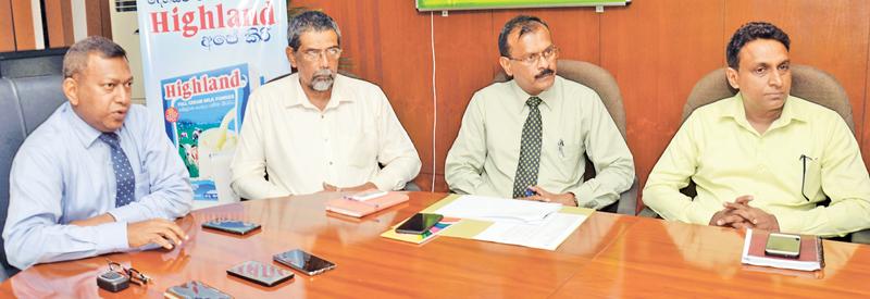 Milco Chairman Keerthi Mihiripenna addresses the media. General Manager Sudath Munasinghe, Manager, Marketing and Sales, Sarawana Bavan and Manager, Quality Assurance, R&D, Kumara Jayaratna look on. Pic: Wimal Karunatilleke 