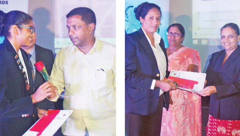 Dilrukshi Perera who won two Gold medals and three Silver medals (swimming and athletics) at the last National Games receiving her award from Maithri Gunaratne, Governer of the Central Province  -L. Udayangani who won a Gold Medal in Boxing (75 Kgs) receiving her award from Kumudu Karunaratne 
