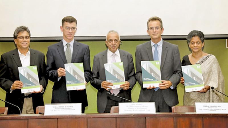 At the launch of the Sri Lanka-United Kingdom Bilateral Trade and Investment report at the Ceylon Chamber of Commerce: (From left) Chairman, BOI, Mangala Yapa, British High Commissioner, James Dauris, Minister of Development Strategies and International Trade, Malik Samarawickrama,  President, the Council for Business with Britain, and Chief Executive Officer, HSBC, Sri Lanka and the Maldives, Mark Prothero and Chairperson, EDB, Indira Malwatte.