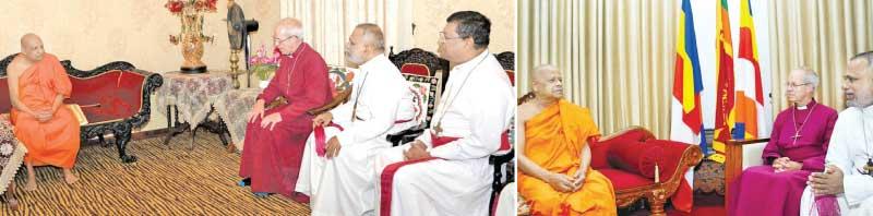 The Head of the Anglican Church, Archbishop of Canterbury Rev. Justin Welby in conversation with the Mahanayake of the Malwatte Chapter Most Ven. Thibbotuwawe Sri Siddhartha Sumangala Thera and the Mahanayake of the Asgiriya Chapter Most Ven. Warakagoda Sri Gnanarathana Thera. 