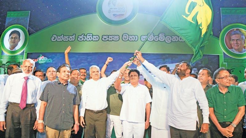 Leaders of the UNP led coalition at the inauguration of the special convention at the Sugathadasa Indoor Stadium on Thursday