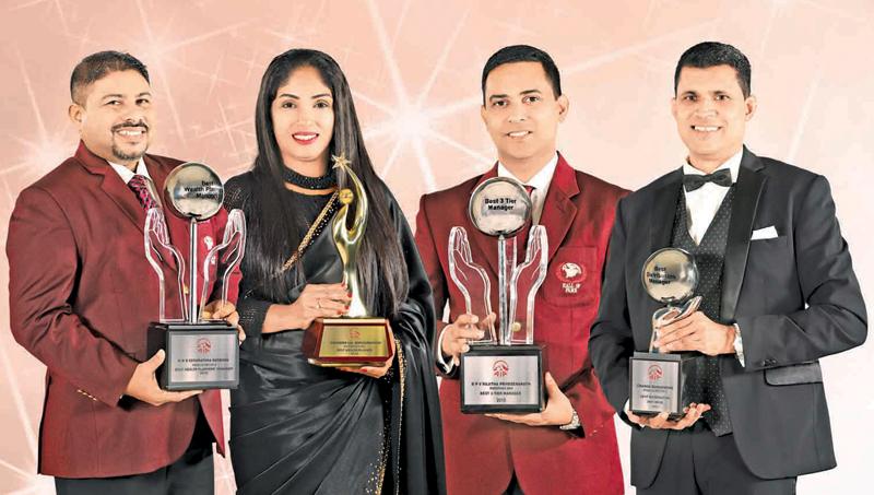 The top award winners. From left: Nilantha Senarathna Bandara (Best Wealth Planners’ Manager), Chandima Wanniarachchi (Best Wealth Planner), Vinol Rajitha Priyasenarath (Best ADO Manager), Channa Dunusinghe (Best Distribution Head).   