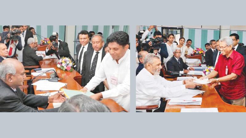 Democratic National Front candidate Sajith Premadasa and Sri Lanka Podujana Peramuna candidate Gotabaya Rajapaksa handing over nominations for the presidential election.    