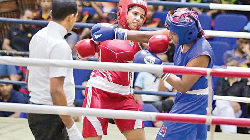 Air Force women’s boxer WAK  Thiwanka (red) and Heshani Perera (Thuruli) exchange punches during their Light Welter (64kg) weight final at the Clifford Cup Boxing Championships at the Royal MAS Arena on Friday night. Thiwanka won the bout (Picture by Shan Rambukwella)