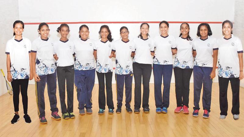 The Visakha Vidyalaya A and B teams emerged winners and runners-up respectively in the inter school squash tournament last week at S. Thomas’ College squash courts. Pictured here are A team players Ushira Jayaweera (Captain), Malisha Fernando, Tharushi Maganaarachchi, Anargi Perera, Yeheni Kuruppu, Kasuni Gunawardena (absent) and B team players Hiruni Gunawardena, Sehansa Rupasinghe, Jayodhya Jayakody, Isini Dharmathilaka, Sehansa Karunanayake and Thenuli Adikaram. The A team beat Sirimavo Bandaranaike Coll