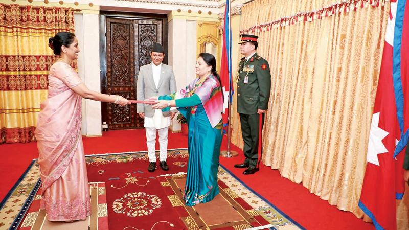 Ambassador Himalee  Arunatilaka presenting credentials to President Bidya Devi Bhandari of  Nepal