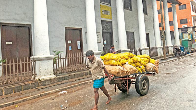 THE JOB: A cart puller pulls a cart loaded with goods in one of the lanes in Pettah