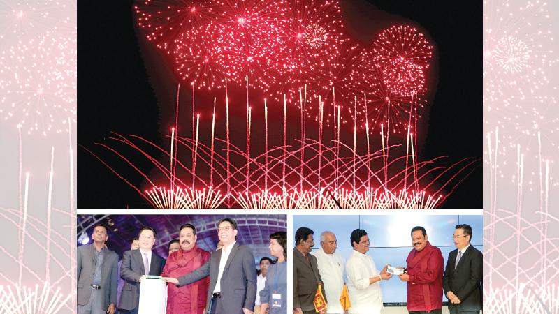 The Colombo Port City was opened for investors by Prime Minister Mahinda Rajapaksa yesterday with a fireworks spectacle. A stamp was also issued to mark the occasion. (Pix: Shan Rambukwella)