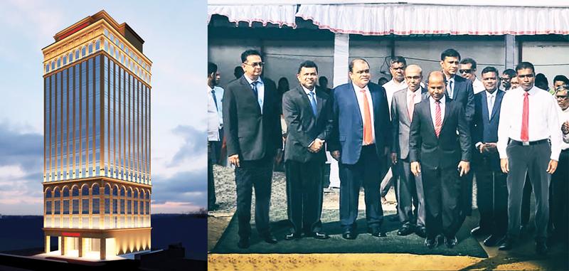 Vallibel Finance Chairman Dhammika Perera and officials at the foundation stone laying ceremony. (On left): An artist’s impression of the building.  