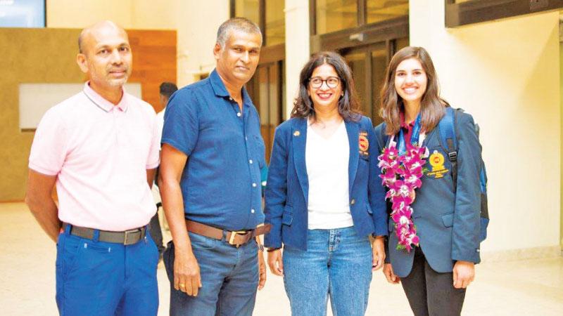 Grace on arrival at BIA with Sri Lanka Golf officials - (L-R) Chandana Weerasinghe, Sugath Getawakanda and Niloo Jayatilleke