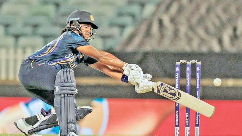 Chamari Atapattu of Sri Lanka plays a shot during the women’s Twenty20 World Cup match against New Zealand in Perth yesterday. (AFP)