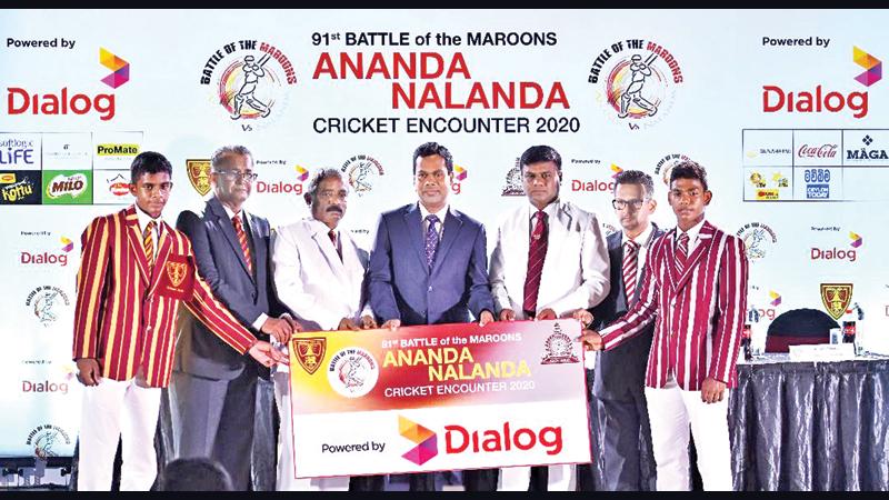 (From left) Kanishka Ranthilakage (captain, Ananda College), Lal Hewagama (Acting Co-Chairman, Ananda Match Committee), SM Keerthirathne (Principal Ananda College), Asanga Priyadarshana (Director/Chief Executive Officer, Dialog Finance PLC), Thilak Waththuhewa (principal, Nalanda College), Mohan Gunadasa (Co-Chairman Nalanda Match Committee) and Avishka Perera (captain, Nalanda College)