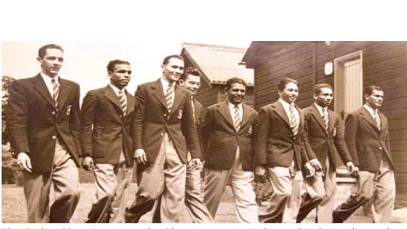 The Ceylon Olympic team at the Olympic camp in Richmond Park, London 13th June 1948. (From left) Edward Gray, Albert Perera, Duncan White, John de Saram, Mr. Perera (team manager), George Peiris, Leslie Handunge and Alex Obeysekera  