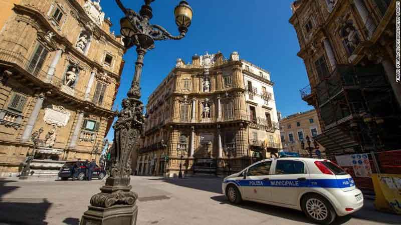 Police officers patrol streets in Palermo, Sicily, as Italy’s south buckles under the strain of the long-running lockdown in a country ravaged by the coronavirus.