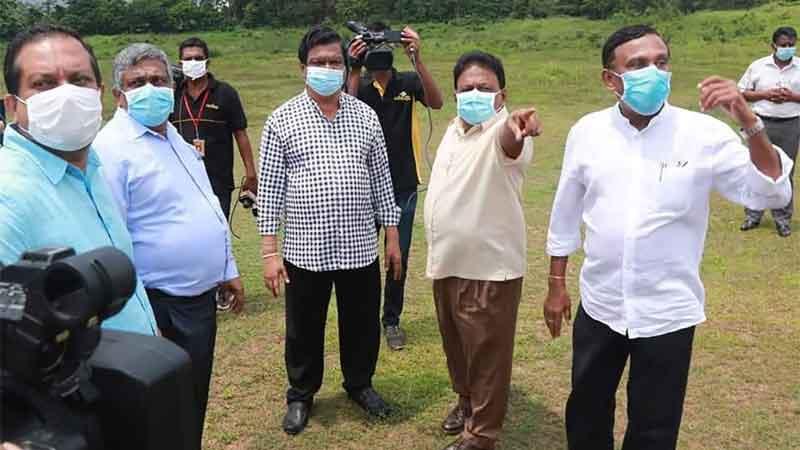 Sports Minster Dullas Alahapperuma, Higher Education Minister Bandula Gunawardena, AAA President Major General Palitha Fernando and Sports Ministry Secretary KDS Ruwanchadra during their observation visit to the construction site of the Sports University project at Diyagama