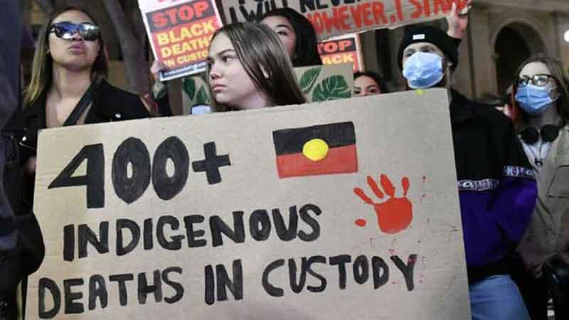 Protesters highlighting Aboriginal deaths at the Black Lives Matter protest in Sydney