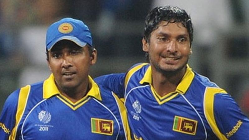Kumar Sangakkara and Mahela Jayawardena react during a moment at the 2011 World Cup final