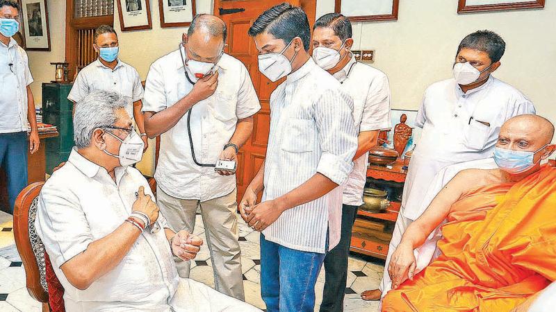 President Gotabaya Rajapaksa inspecting Venura’s  wireless stothescope during his recent visit to Kandy