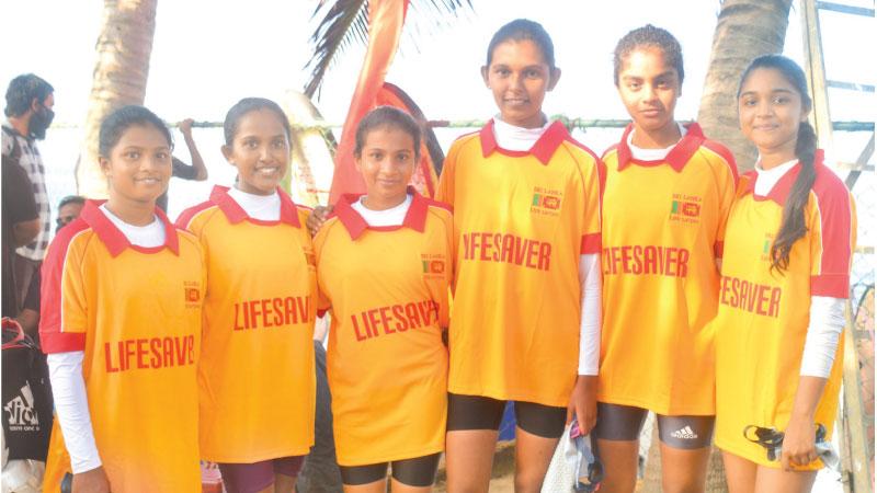 Life-savers to the fore! From left Nethmi Jayawardena, Navidula Nethmini, Amandi Jayawardena, Piyasarani Samaraweera, Thulani Perera and Nisini Wijekoon from the Life Saving Association who became the cynosure of all eyes (Pic by Ranjith Asanka)   