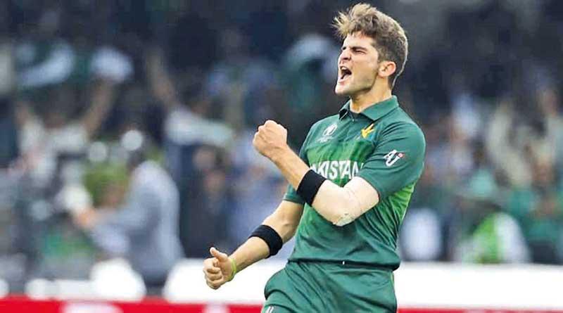 Pakistani pacer Shaheen Afridi celebrates after taking the wicket of Zimbabwe’s batsman Chamu Chibhabha at the Pindi Cricket Stadium, in Rawalpindi, Pakistan