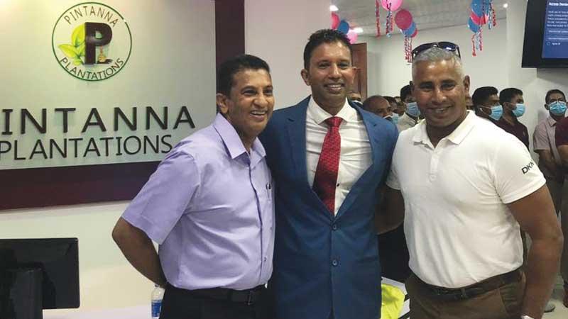 Dharmasena with past Sri Lanka cricket team mates Roshan Mahanama and Chaminda Vaas at the opening of the branch.
