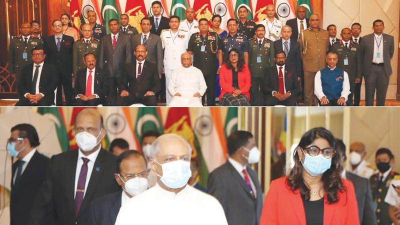 Foreign Minister Dinesh Gunawardena with Indian National Security Advisor Ajit Doval and Maldivian Defence Minister Mariya Didi arriving at the trilateral dialogue on maritime security cooperation at Hotel Taj Samudra, Colombo yesterday.
