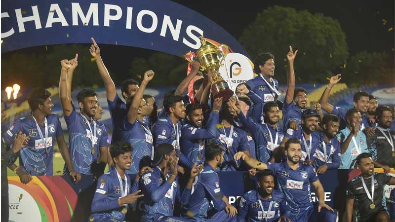The champion Jaffna Stallions team celebrate with their trophy